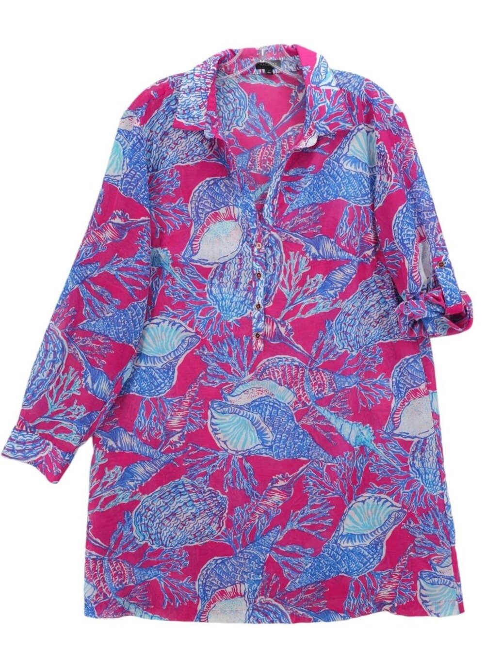 TALBOTS Seashell Print Cover Up Tunic Pink Blue Lightweight Roll Up Tab LARGE